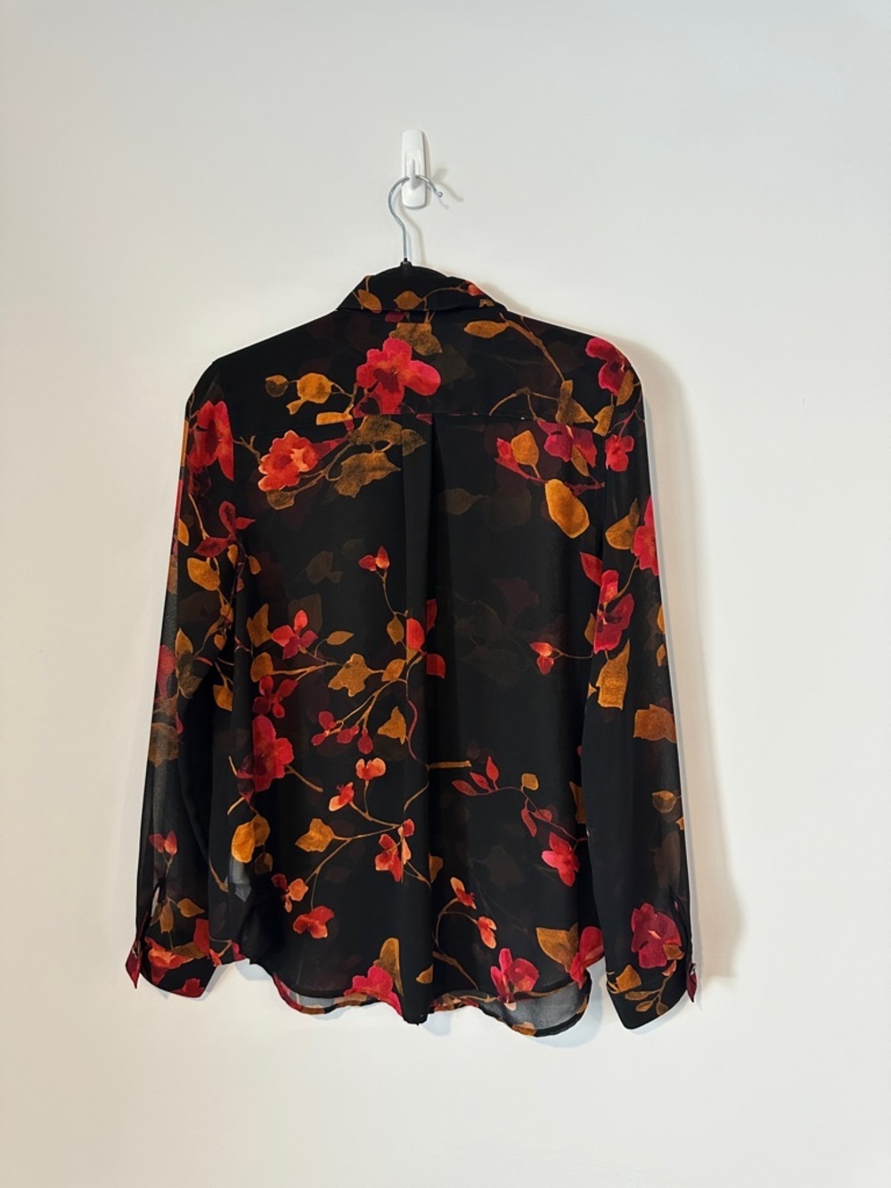 Gabi Sheer Floral Blouse Black Red Gold Ruffle Button Down Top Y2K Fall - Picture 8 of 15